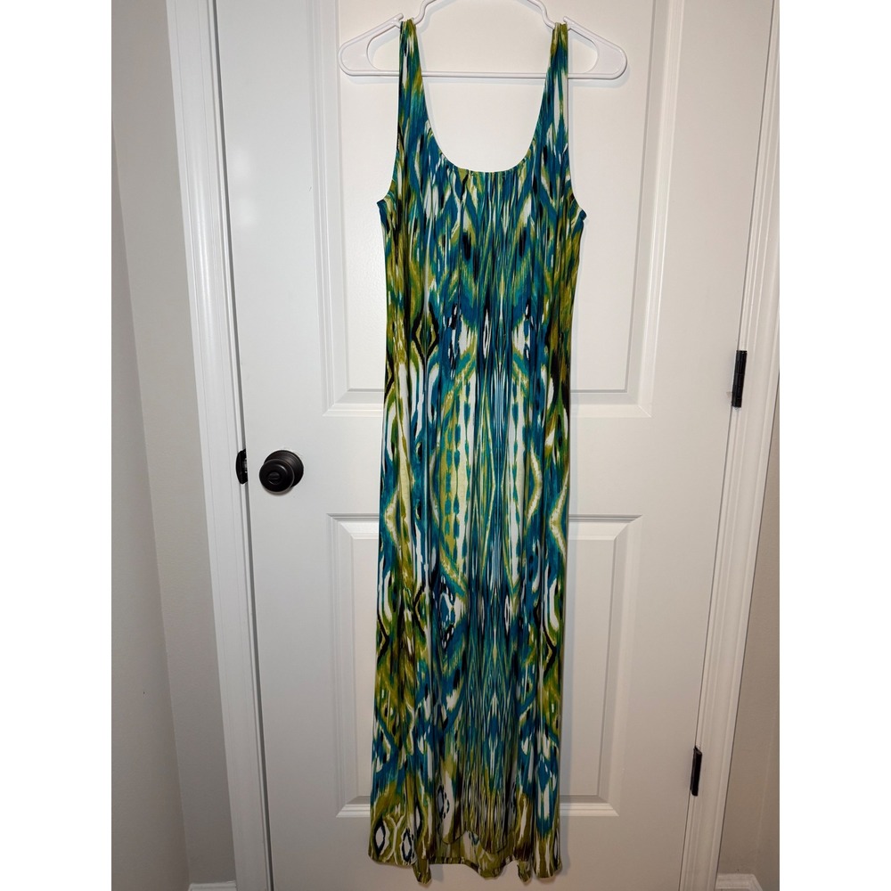 Glamour Women 16W Ikat Print Maxi Dress Teal Lime Green Sleeveless Scoop Neck - Picture 2 of 7
